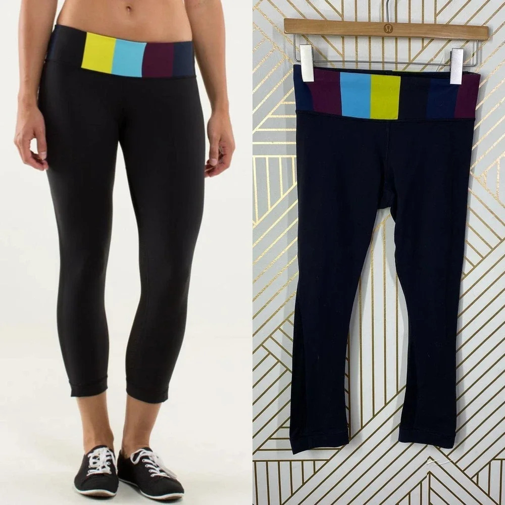 LULULEMON Journey Crops in Black Pow Stripe Split Pea Size US‎ 4